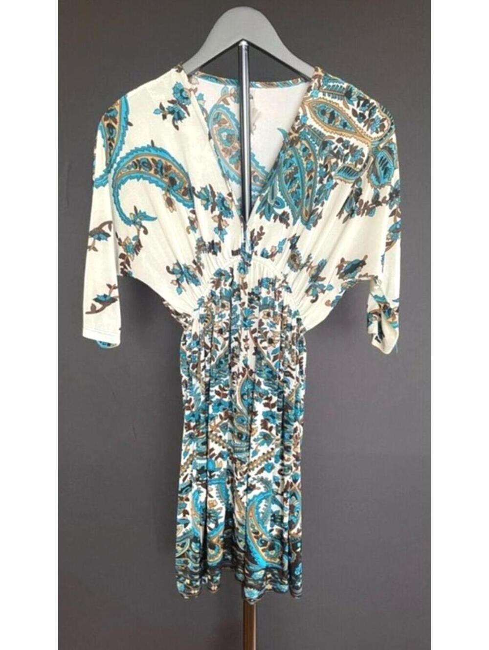 Cristina Love Paisley Ivory Blue Dress Small Empire Waist Peasant Sleeve Mini
